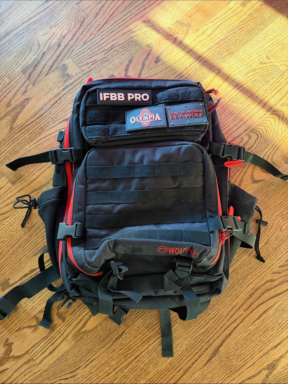 WOLF Black and Red Tactical Backpack with IFBB/Olympia Patches